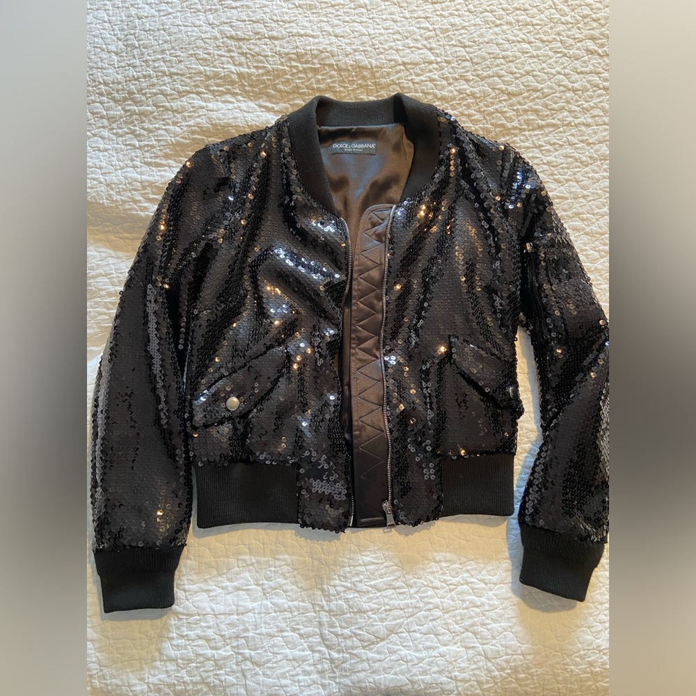 DOLCE & GABBANA Black Sequin Bomber Jacket Size 42 - Picture 5 of 17
